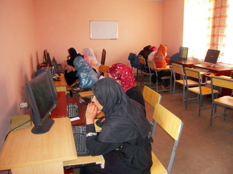 Female students at the computer lab in the new school